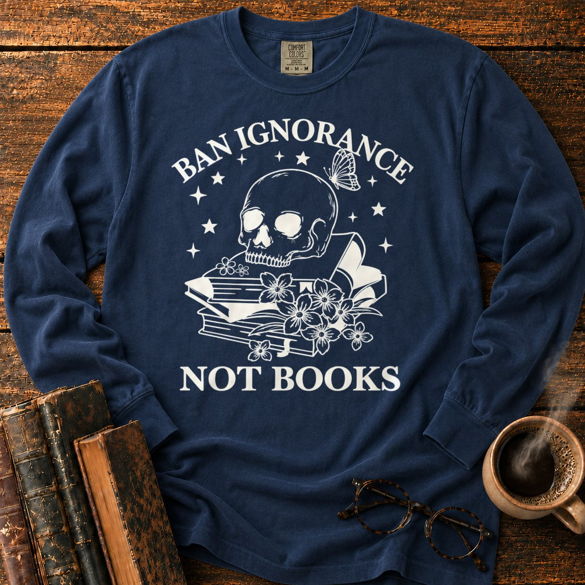 Skull And Wildflowers Atop Books LS T-Shirt in Midnight – BooksThreads