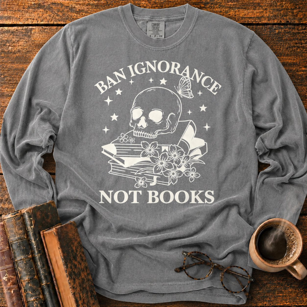 Skull And Wildflowers Atop Books LS T-Shirt in Pepper – BooksThreads