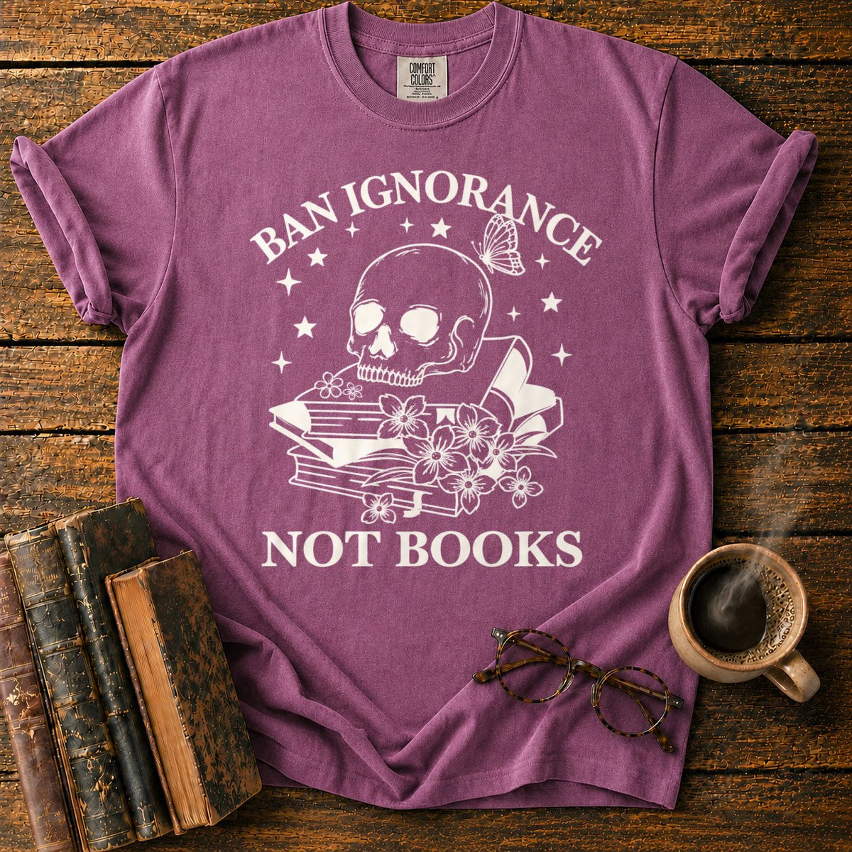 Skull And Wildflowers Atop Books T-Shirt in Berry – BooksThreads