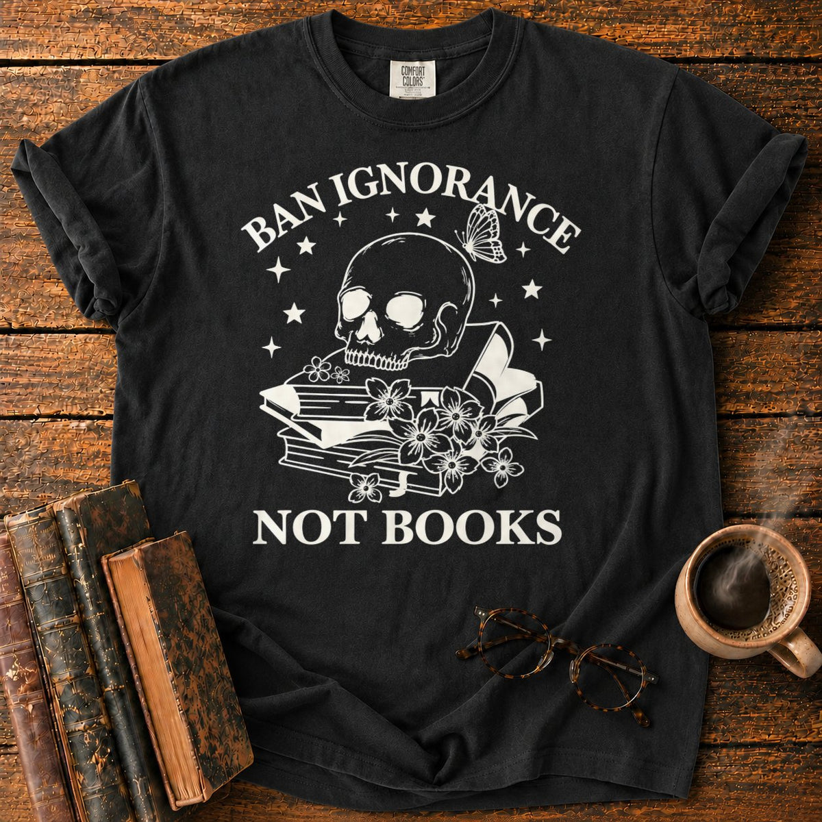 Skull And Wildflowers Atop Books T-Shirt in Black – BooksThreads
