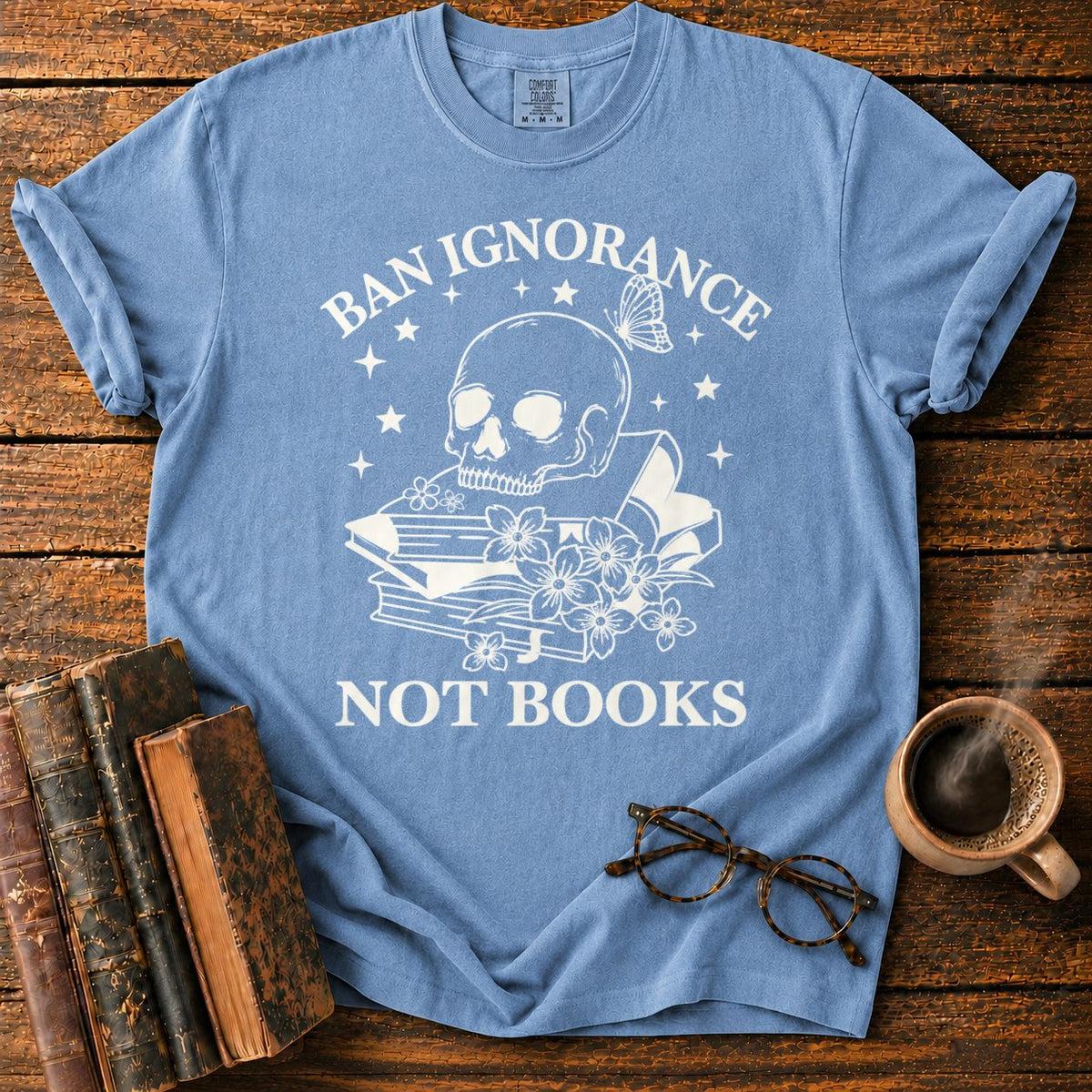 Skull And Wildflowers Atop Books T-Shirt in Blue Jean – BooksThreads