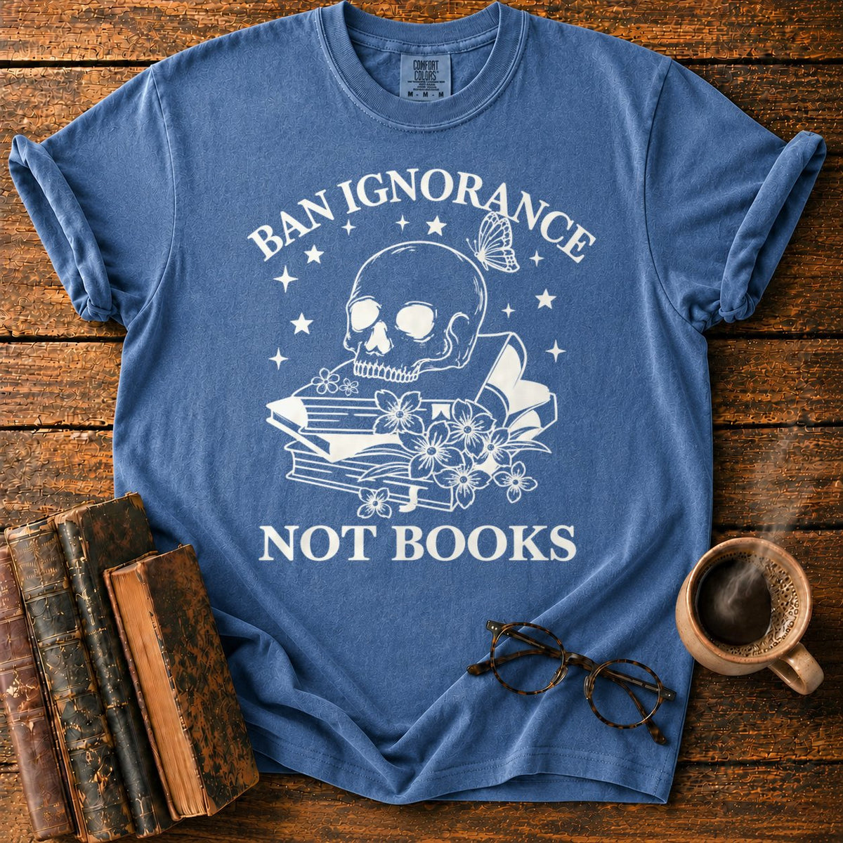 Skull And Wildflowers Atop Books T-Shirt in Denim – BooksThreads