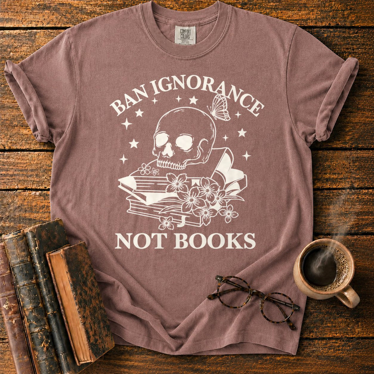 Skull And Wildflowers Atop Books T-Shirt in Espresso – BooksThreads