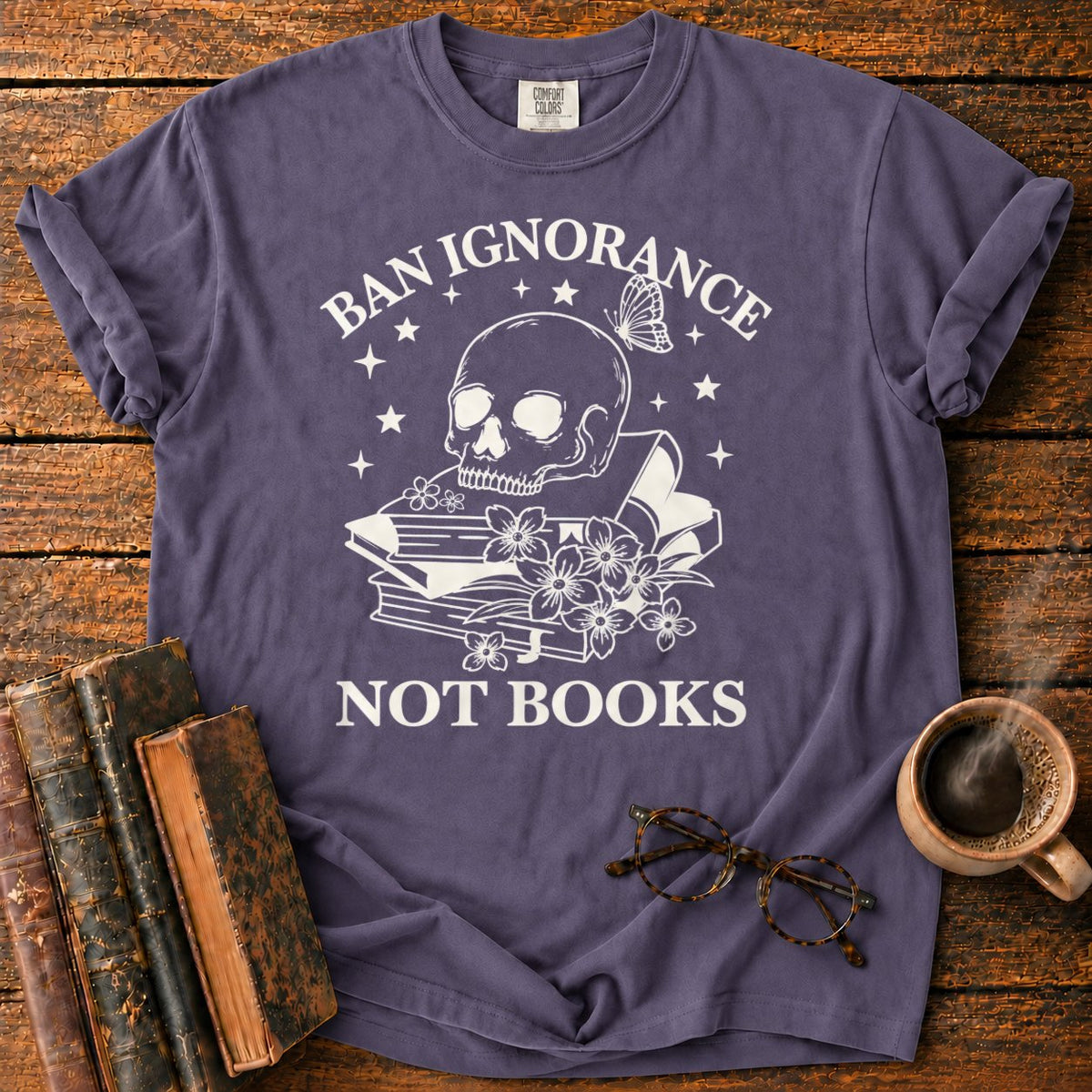 Skull And Wildflowers Atop Books T-Shirt in Grape – BooksThreads