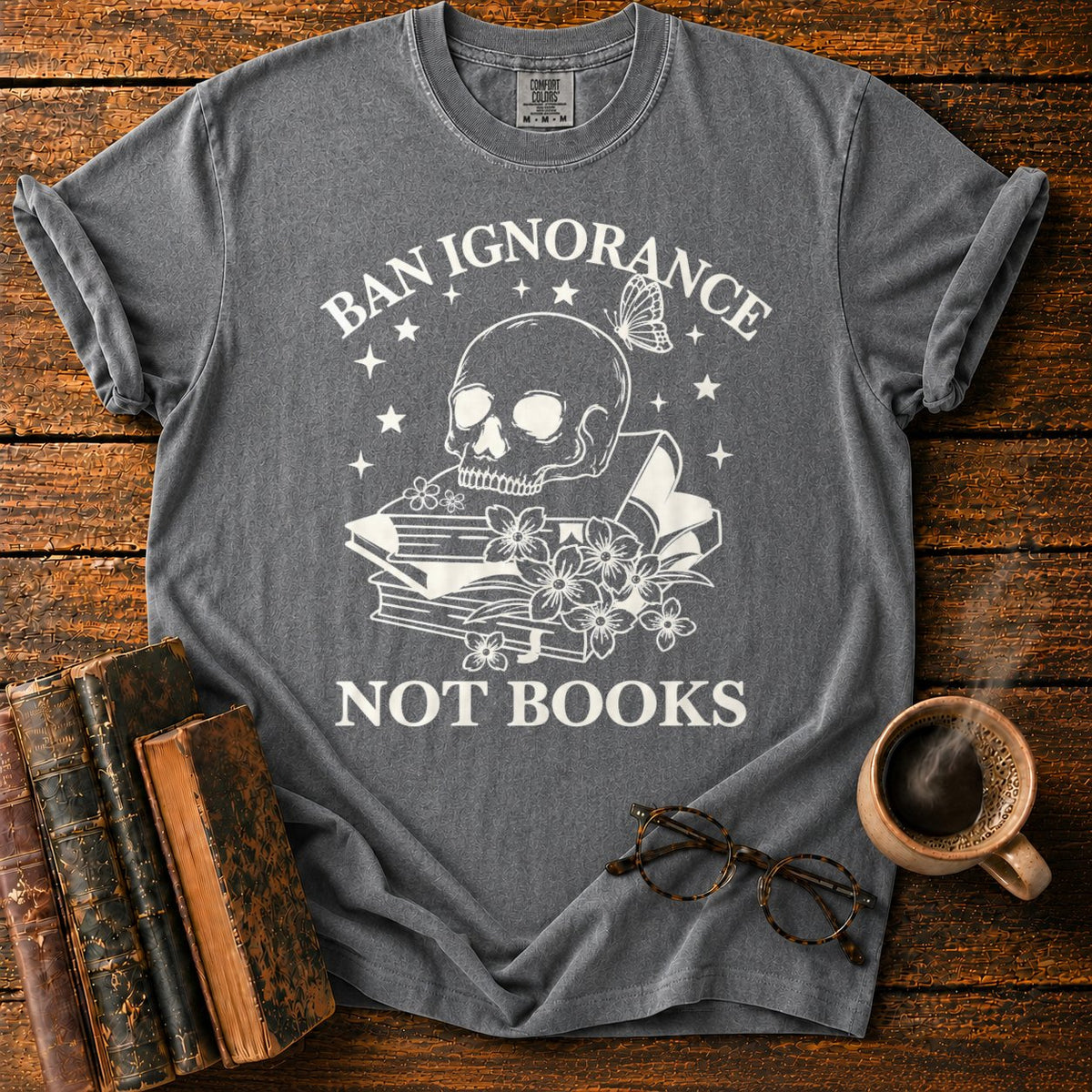 Skull And Wildflowers Atop Books T-Shirt in Pepper – BooksThreads