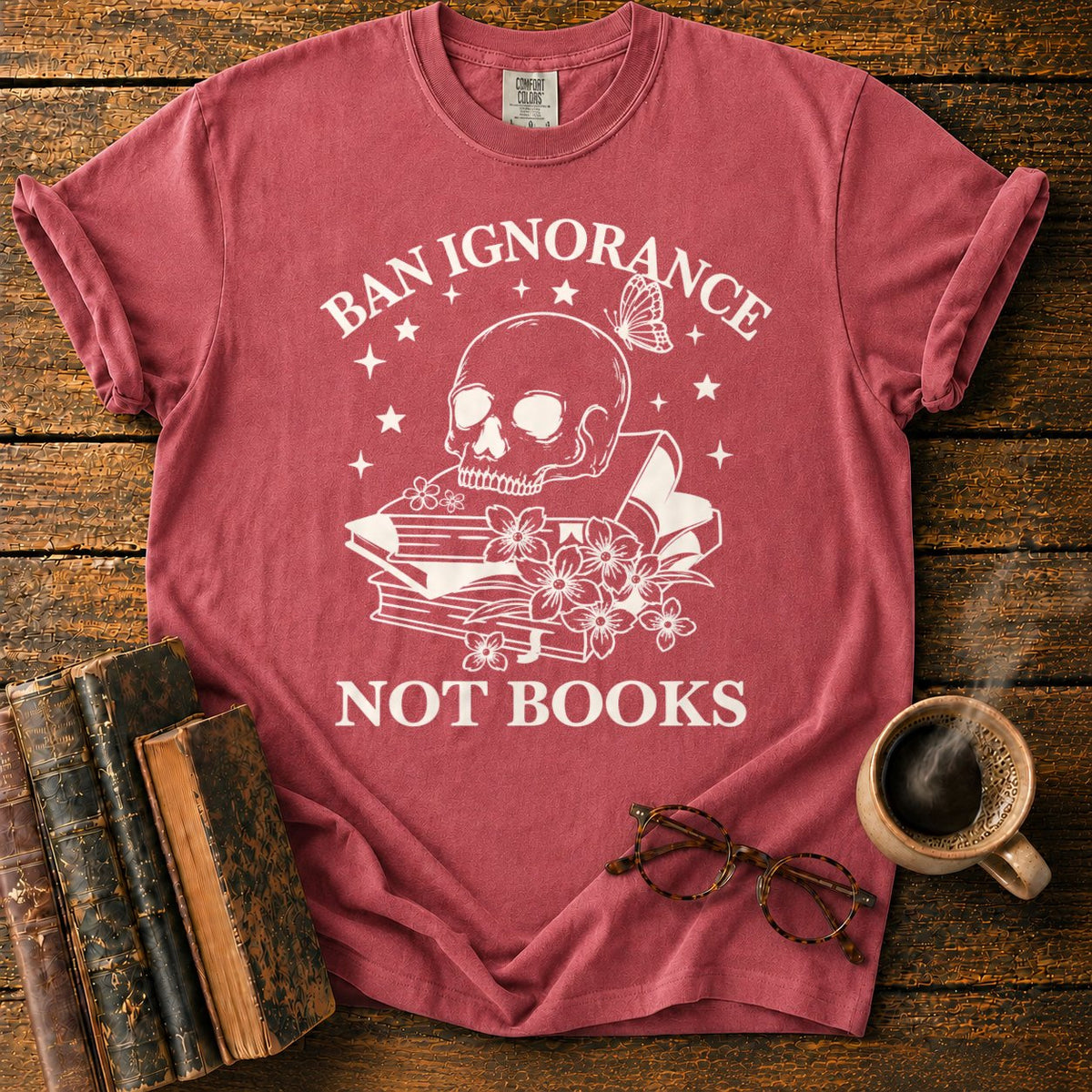 Skull And Wildflowers Atop Books T-Shirt in Watermelon – BooksThreads