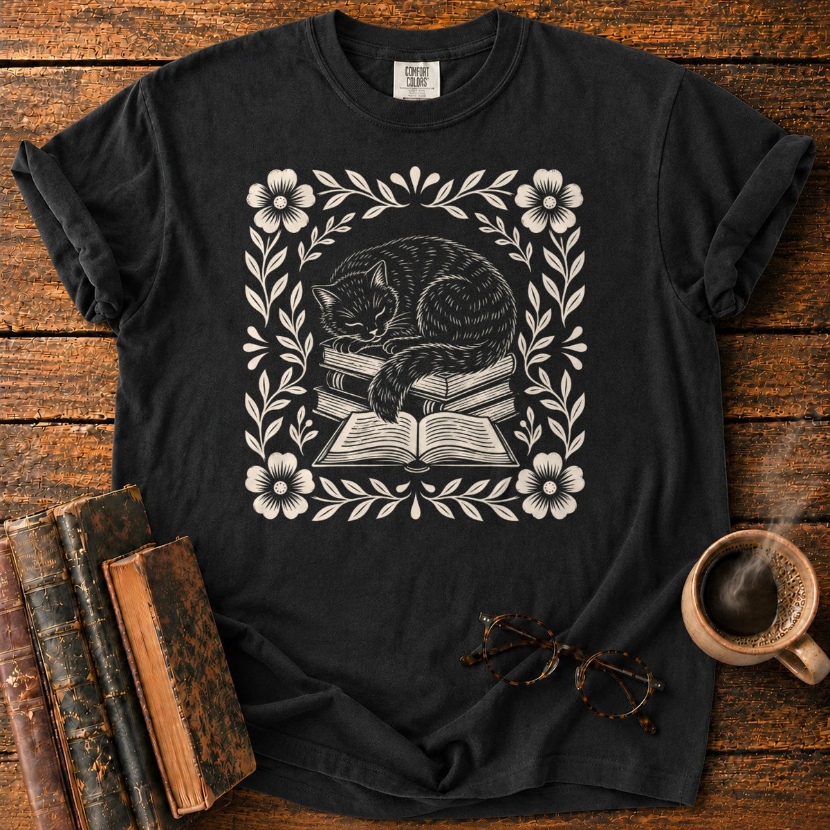 Sleeping Cat Books Botanicals T-Shirt in Black – BooksThreads