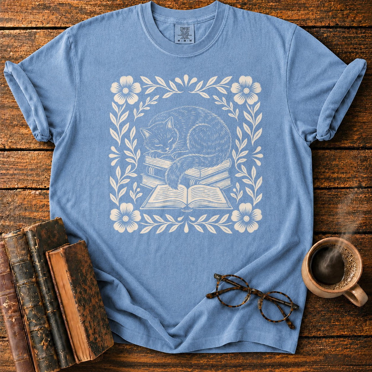 Sleeping Cat Books Botanicals T-Shirt in Blue Jean – BooksThreads