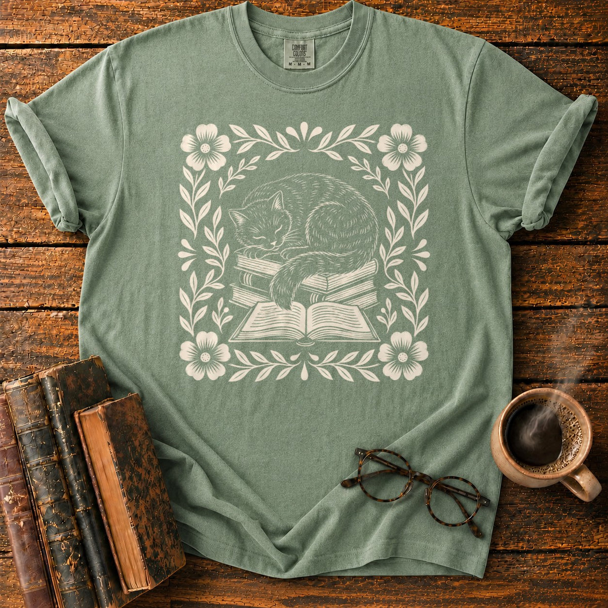 Sleeping Cat Books Botanicals T-Shirt in Moss – BooksThreads