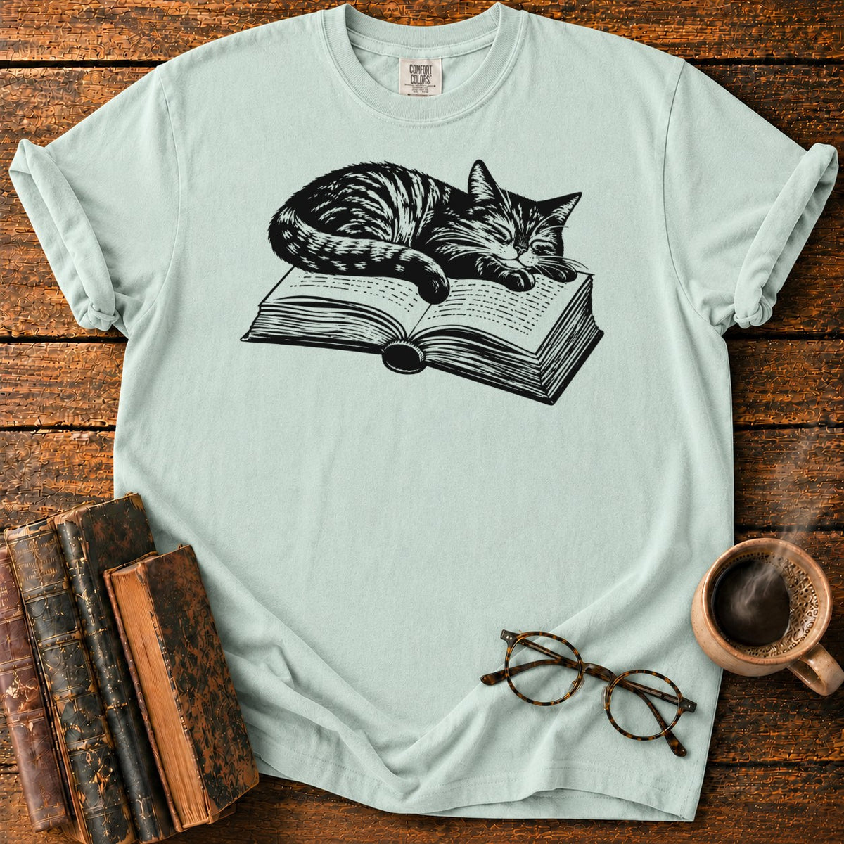 Sleeping Tabby Open Book T-Shirt in Bay – BooksThreads