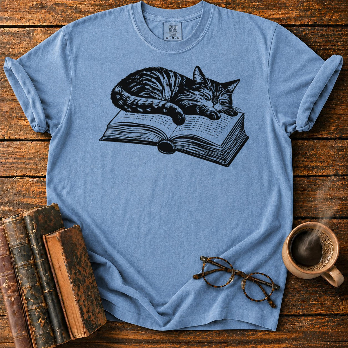 Sleeping Tabby Open Book T-Shirt in Blue Jean – BooksThreads