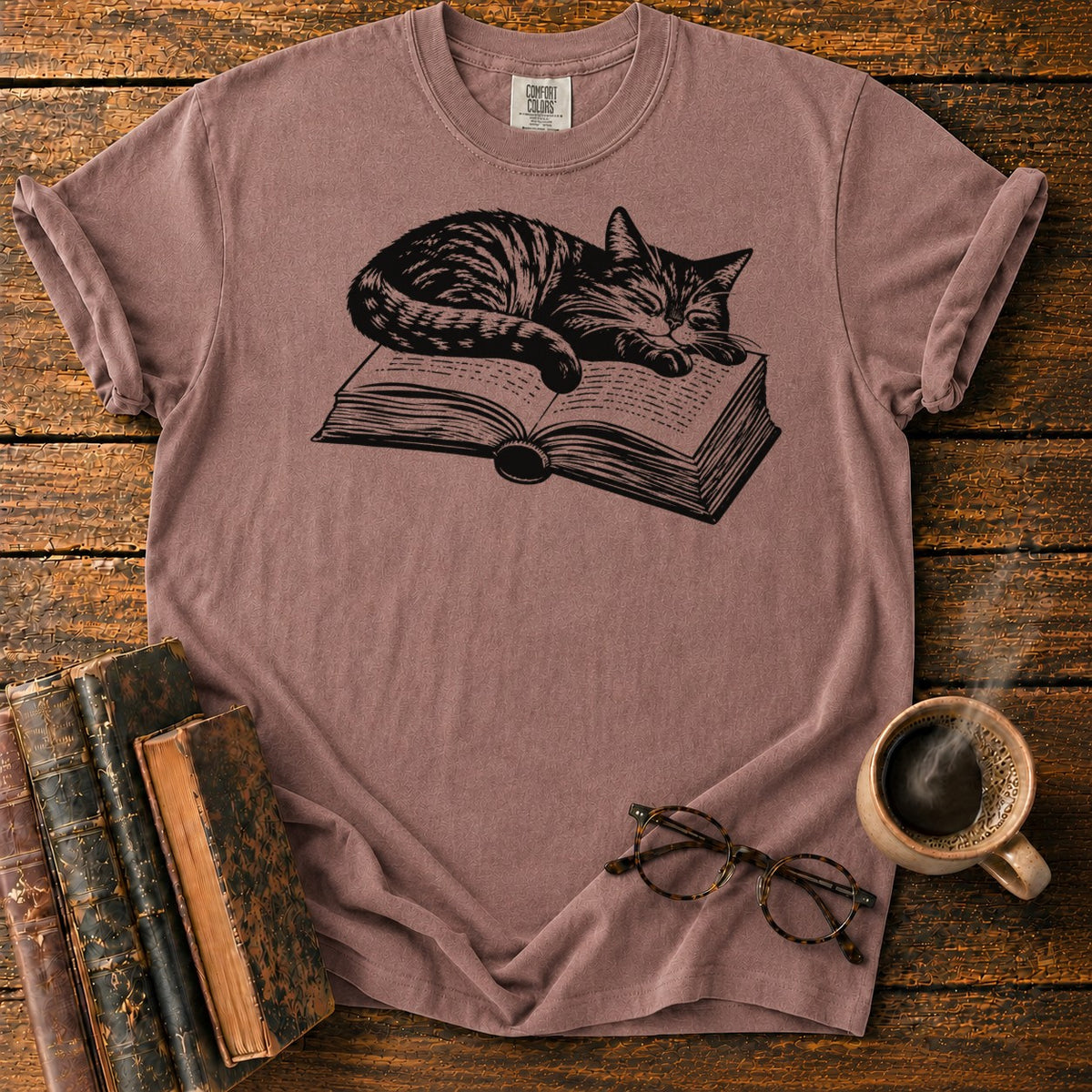 Sleeping Tabby Open Book T-Shirt in Espresso – BooksThreads