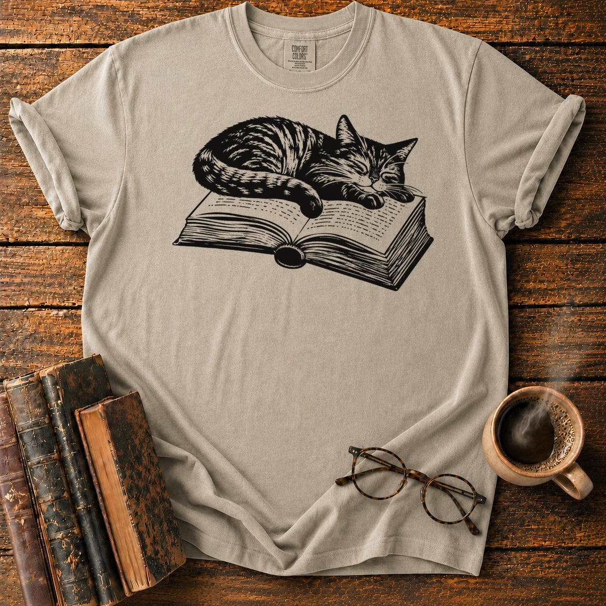 Sleeping Tabby Open Book T-Shirt in Khaki – BooksThreads