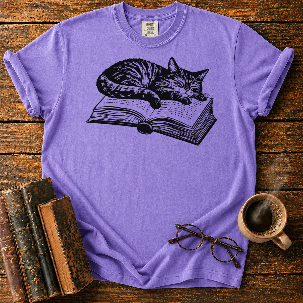 Sleeping Tabby Open Book T-Shirt in Violet – BooksThreads