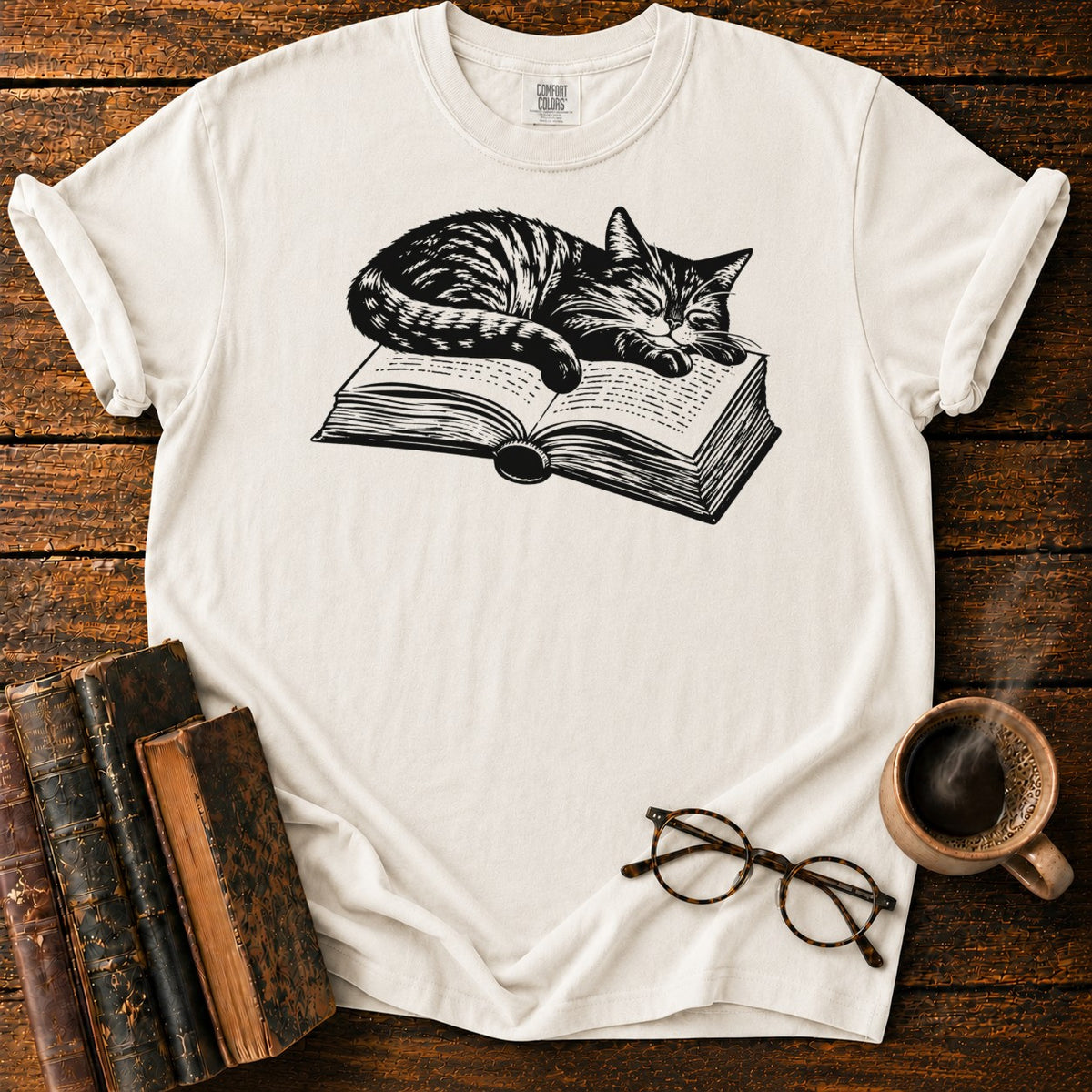 Sleeping Tabby Open Book T-Shirt in White – BooksThreads