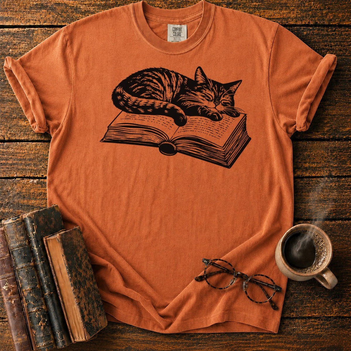 Sleeping Tabby Open Book T-Shirt in Yam – BooksThreads