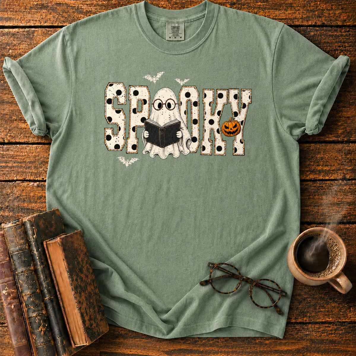 Spooky Ghost Reader T-Shirt in Moss – BooksThreads