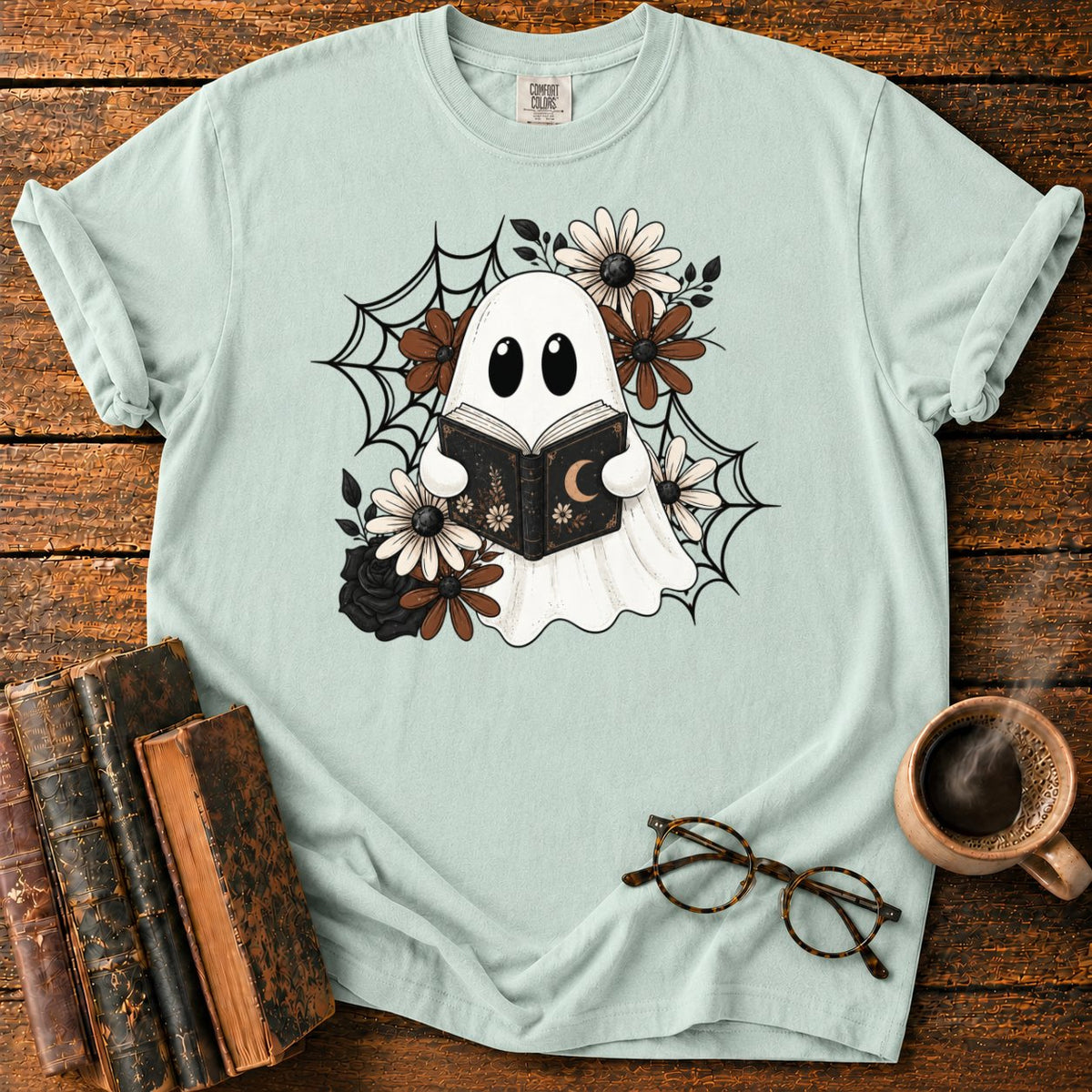 Spooky Ghost Reading Among Flowers T-Shirt in Bay – BooksThreads