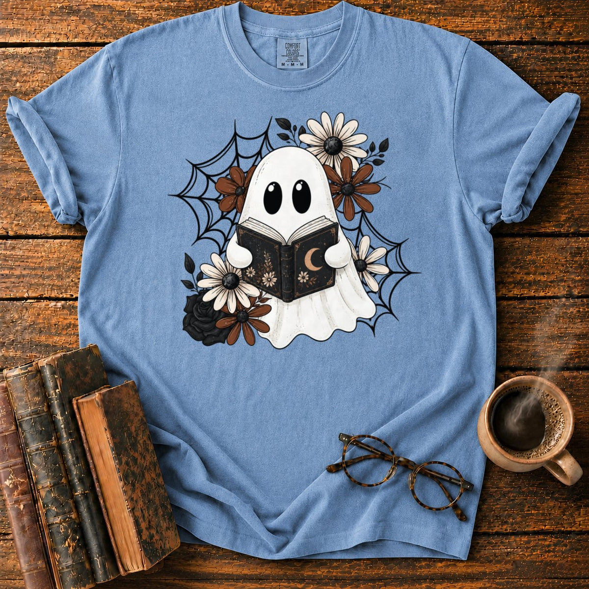 Spooky Ghost Reading Among Flowers T-Shirt in Blue Jean – BooksThreads