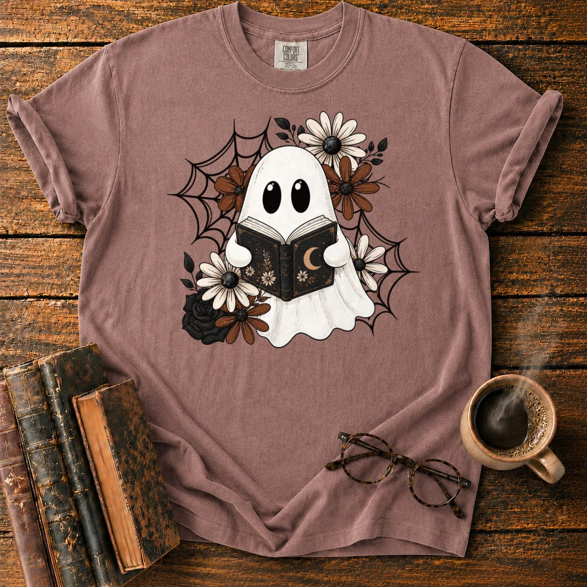 Spooky Ghost Reading Among Flowers T-Shirt in Espresso – BooksThreads