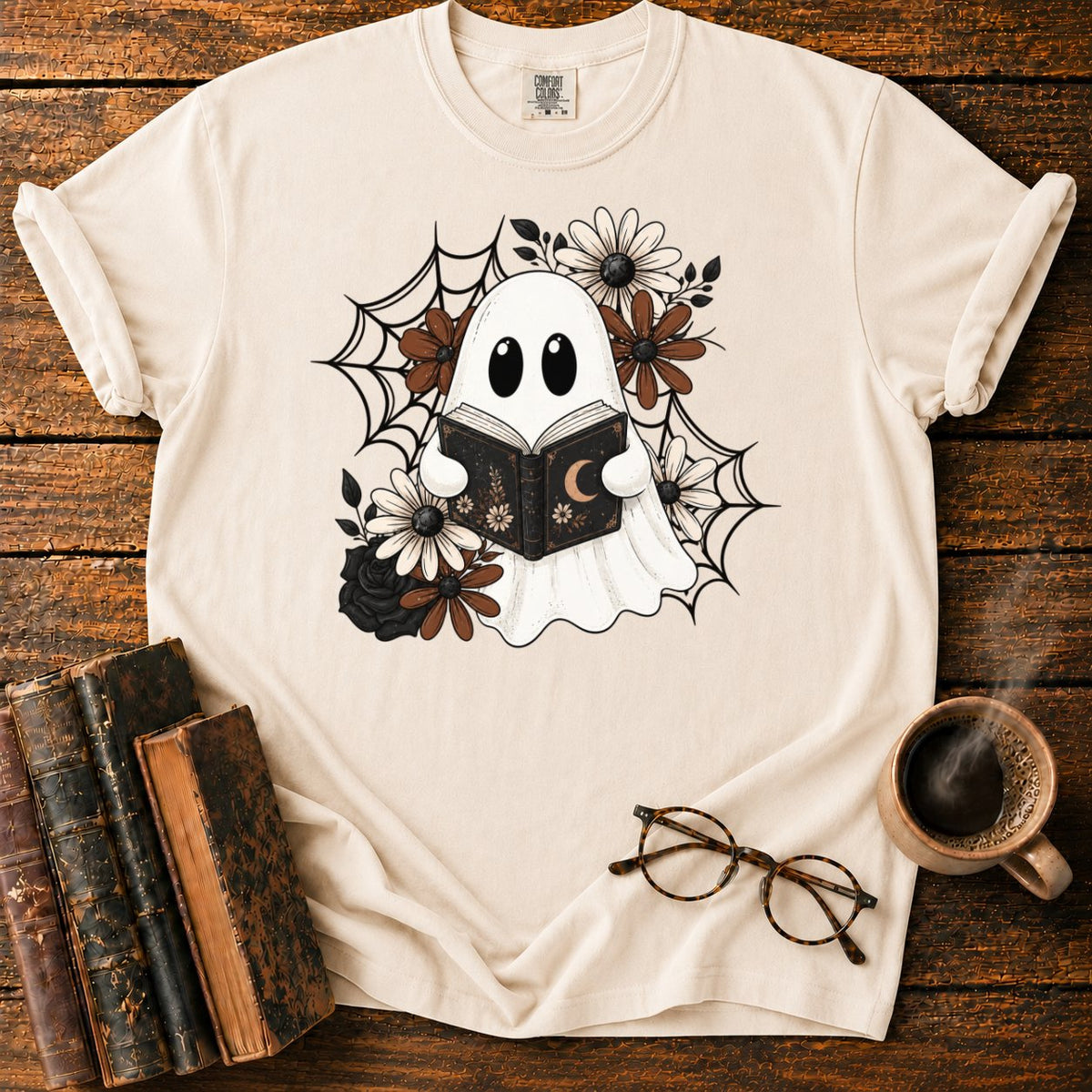 Spooky Ghost Reading Among Flowers T-Shirt in Ivory – BooksThreads