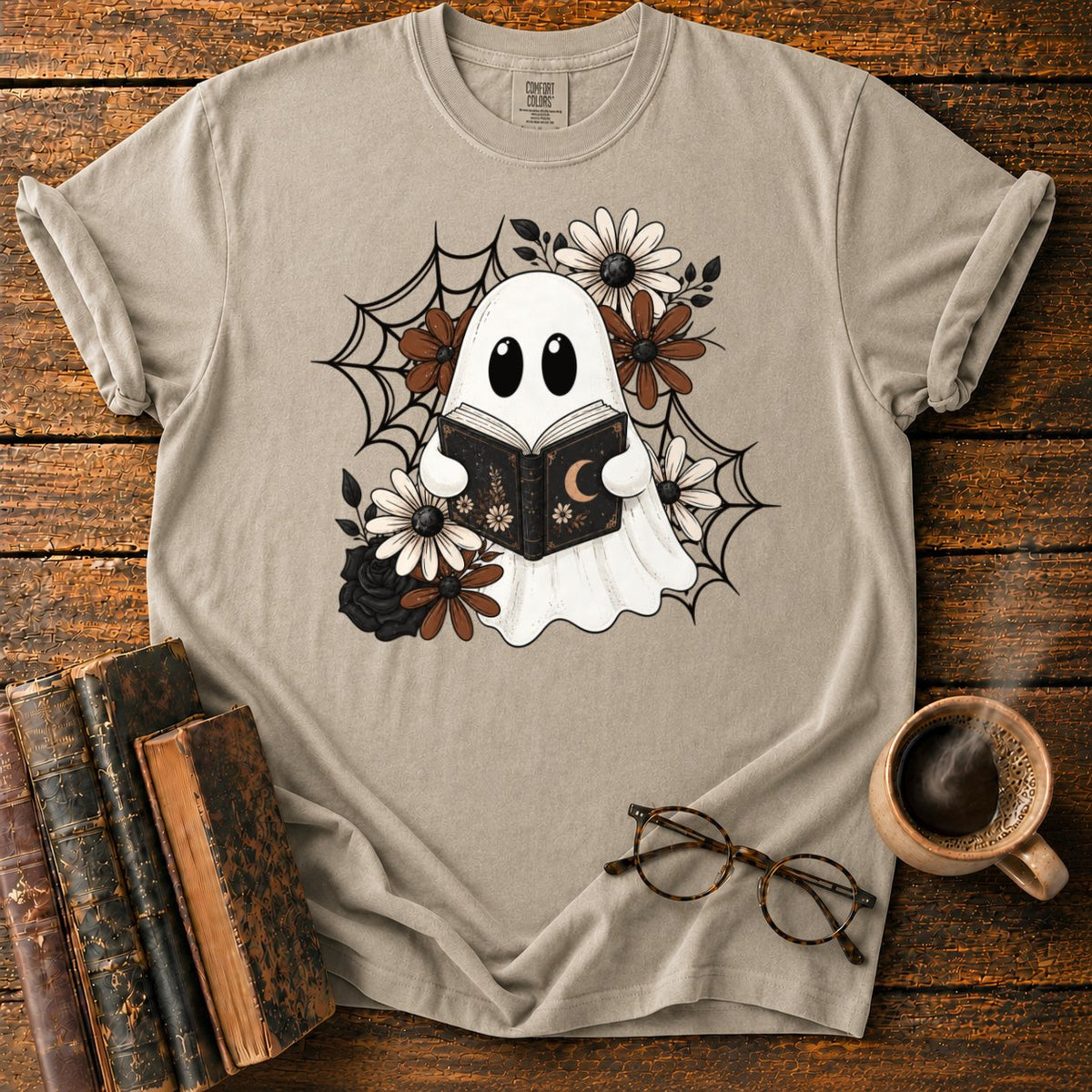 Spooky Ghost Reading Among Flowers T-Shirt in Khaki – BooksThreads