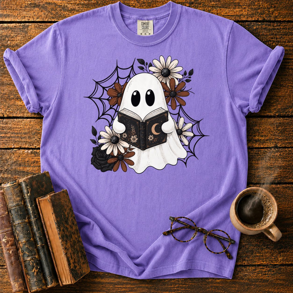 Spooky Ghost Reading Among Flowers T-Shirt in Violet – BooksThreads
