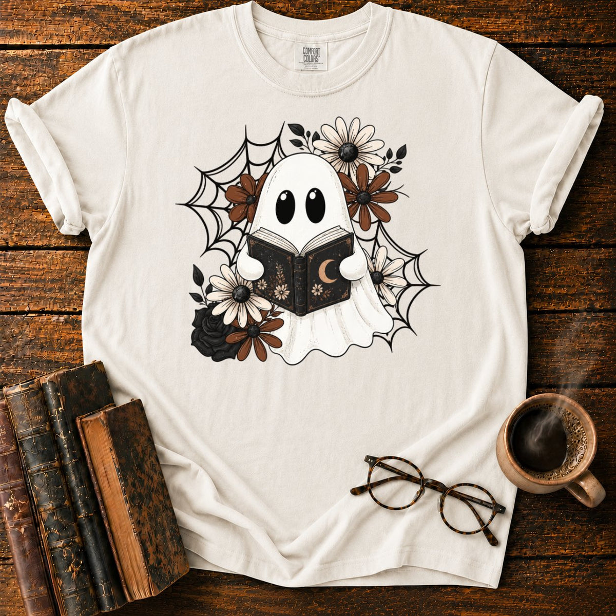 Spooky Ghost Reading Among Flowers T-Shirt in White – BooksThreads