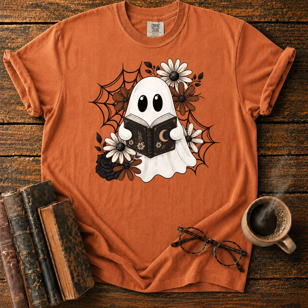 Spooky Ghost Reading Among Flowers T-Shirt in Yam – BooksThreads