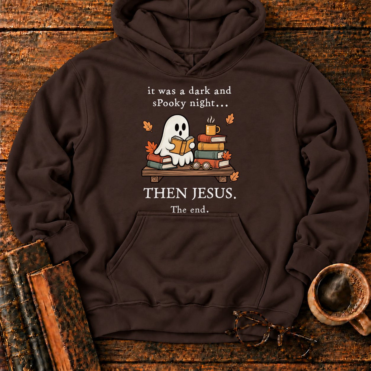 Spooky Ghost Reading On A Bookshelf Hoodie in Dark Chocolate – BooksThreads