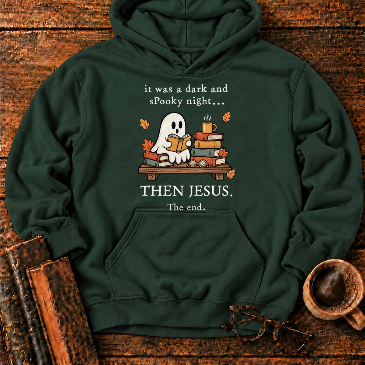 Spooky Ghost Reading On A Bookshelf Hoodie in Forest Green – BooksThreads