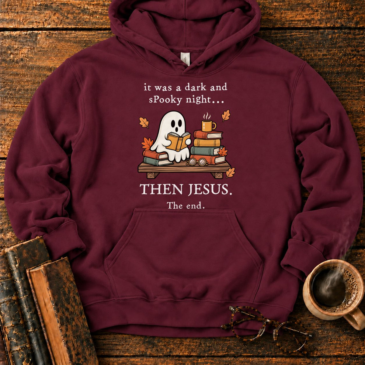 Spooky Ghost Reading On A Bookshelf Hoodie in Maroon – BooksThreads