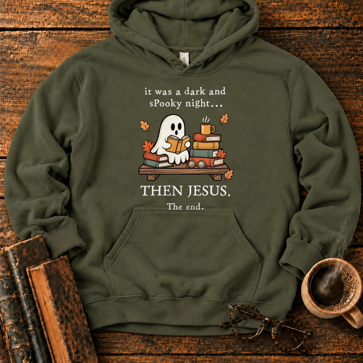 Spooky Ghost Reading On A Bookshelf Hoodie in Military Green – BooksThreads