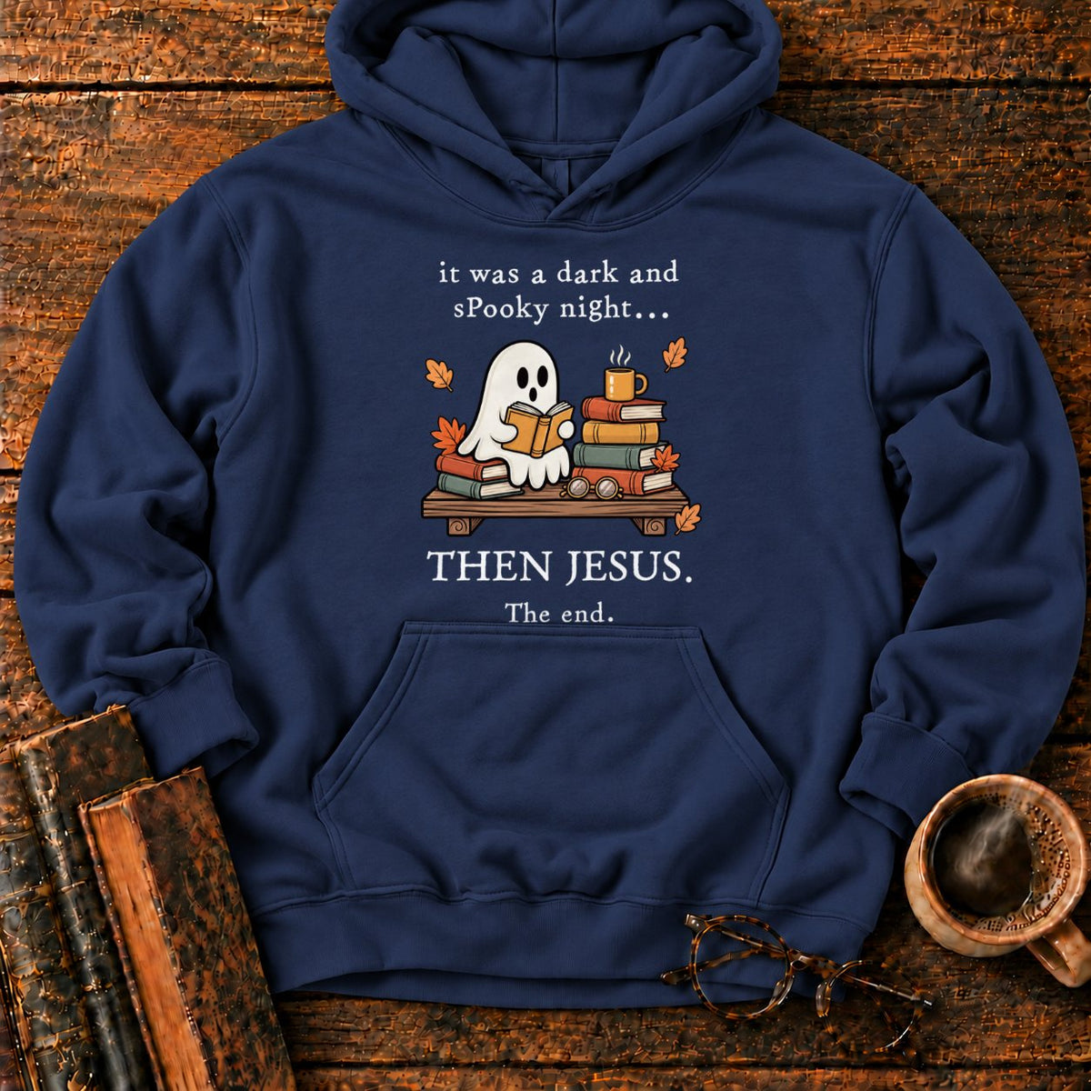 Spooky Ghost Reading On A Bookshelf Hoodie in Navy – BooksThreads