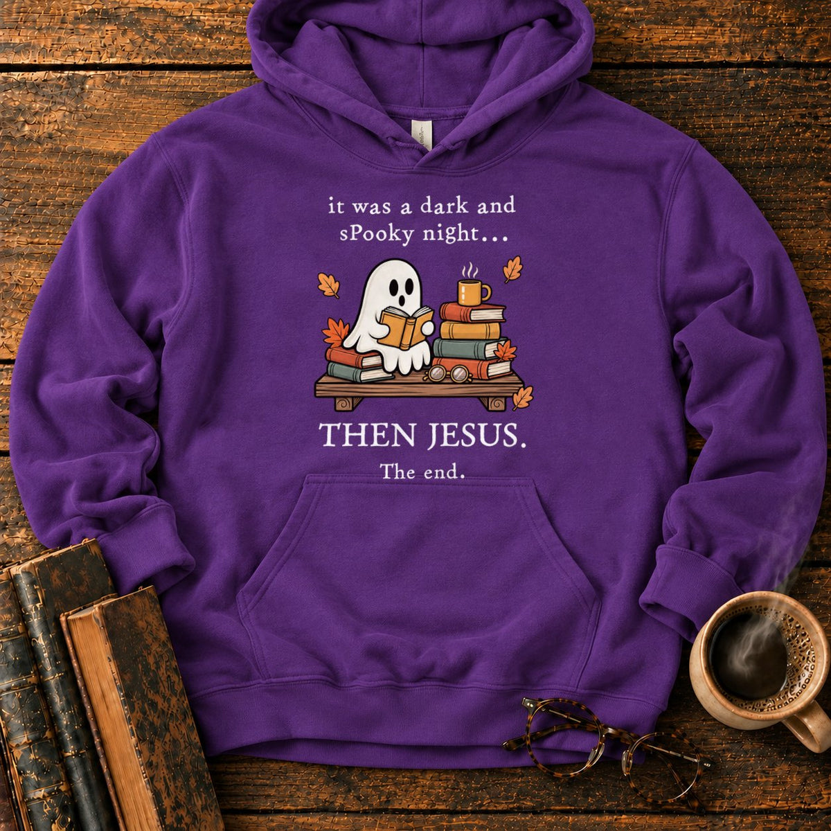 Spooky Ghost Reading On A Bookshelf Hoodie in Purple – BooksThreads