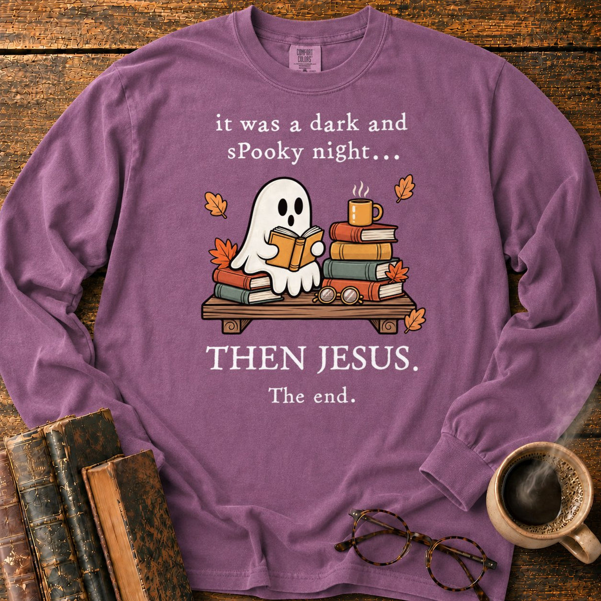 Spooky Ghost Reading On A Bookshelf LS T-Shirt in Berry – BooksThreads