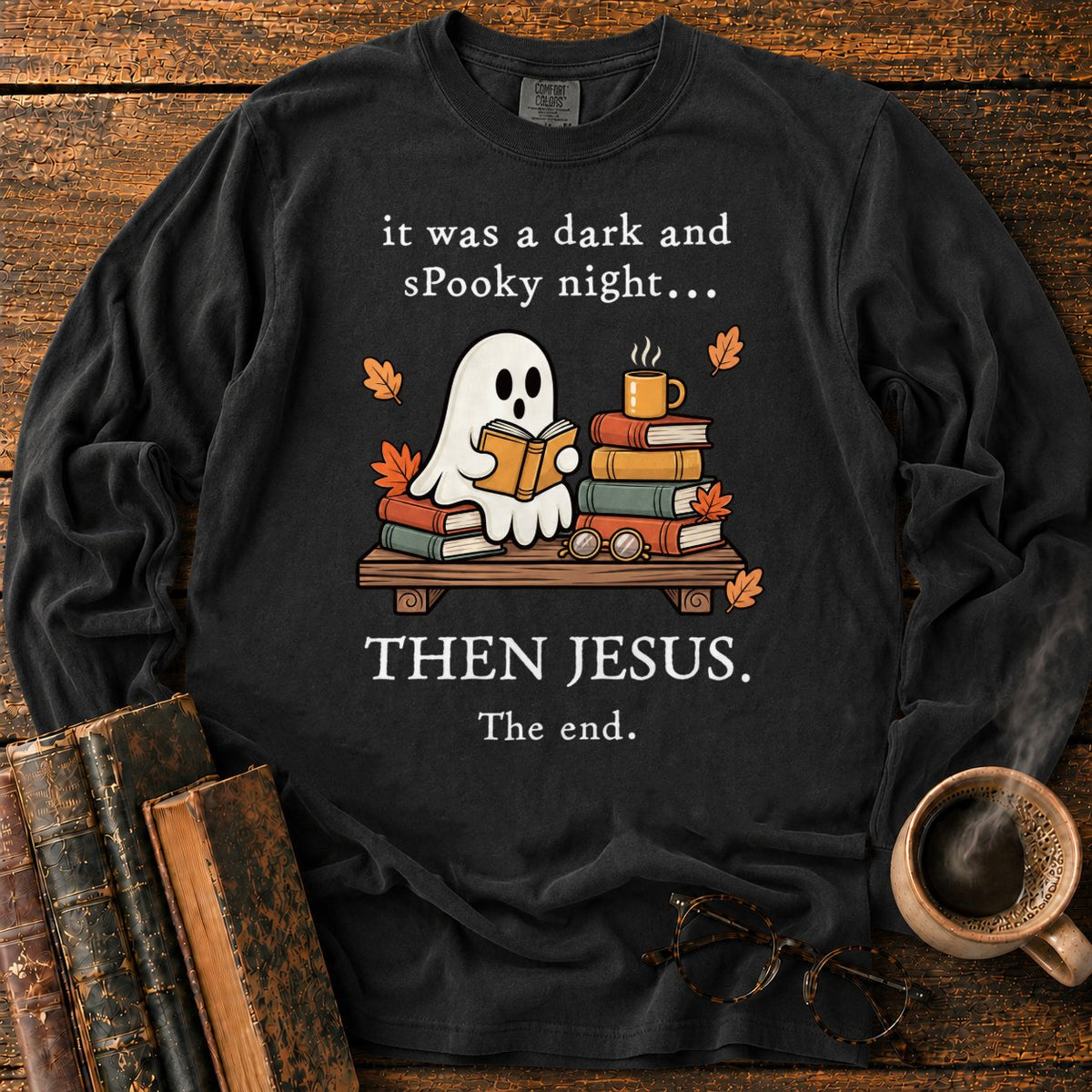 Spooky Ghost Reading On A Bookshelf LS T-Shirt in Black – BooksThreads