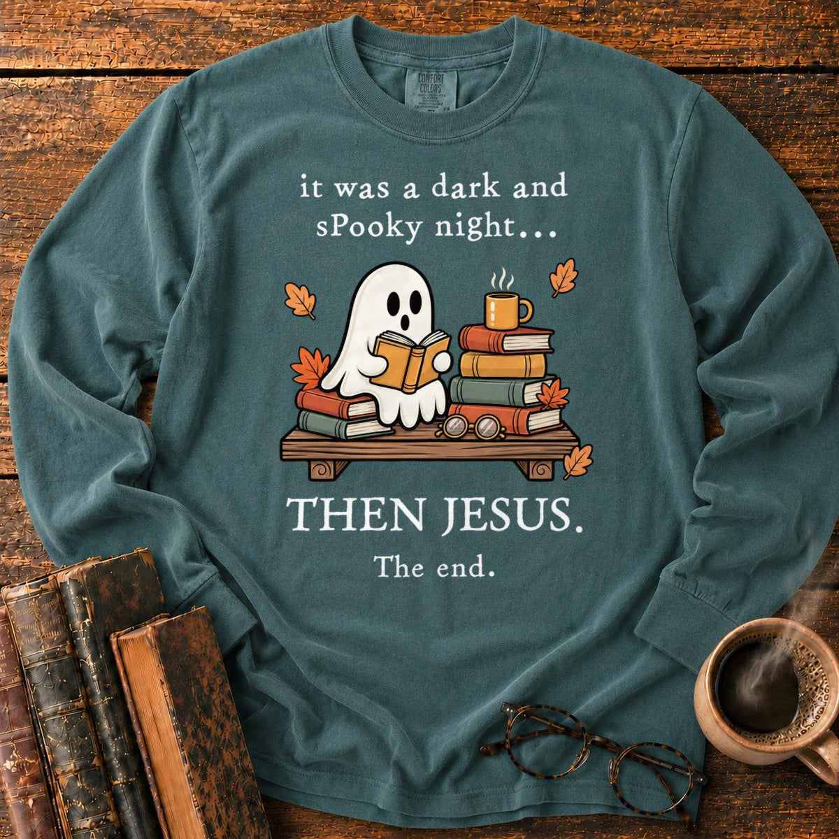 Spooky Ghost Reading On A Bookshelf LS T-Shirt in Blue Spruce – BooksThreads