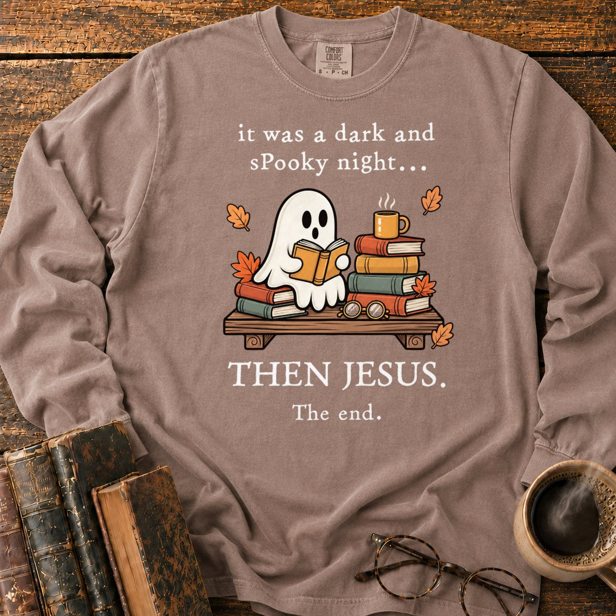 Spooky Ghost Reading On A Bookshelf LS T-Shirt in Espresso – BooksThreads