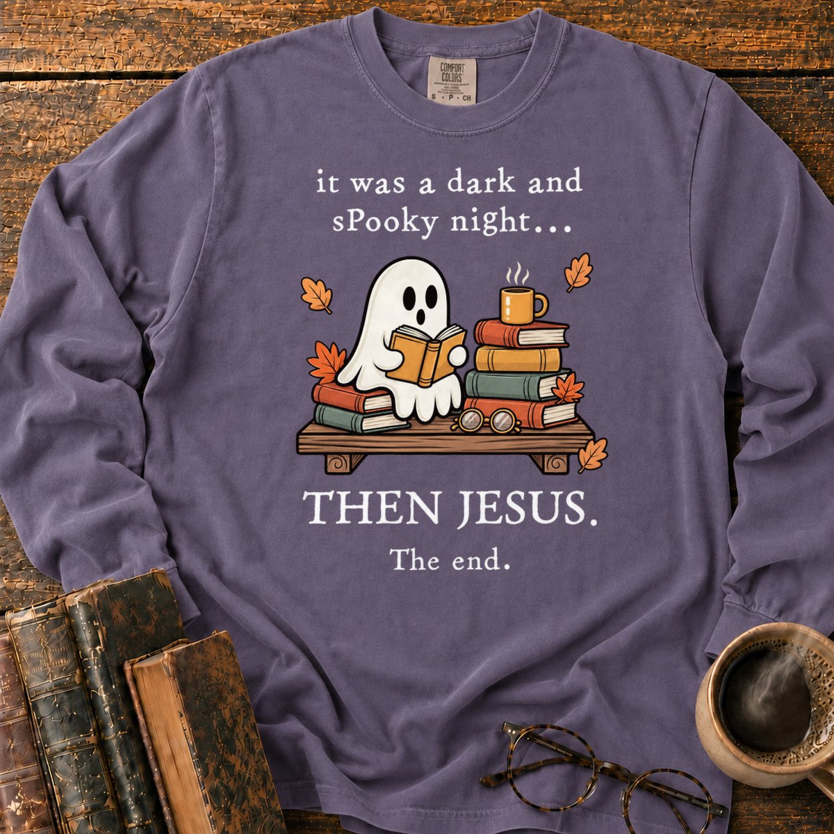 Spooky Ghost Reading On A Bookshelf LS T-Shirt in Grape – BooksThreads
