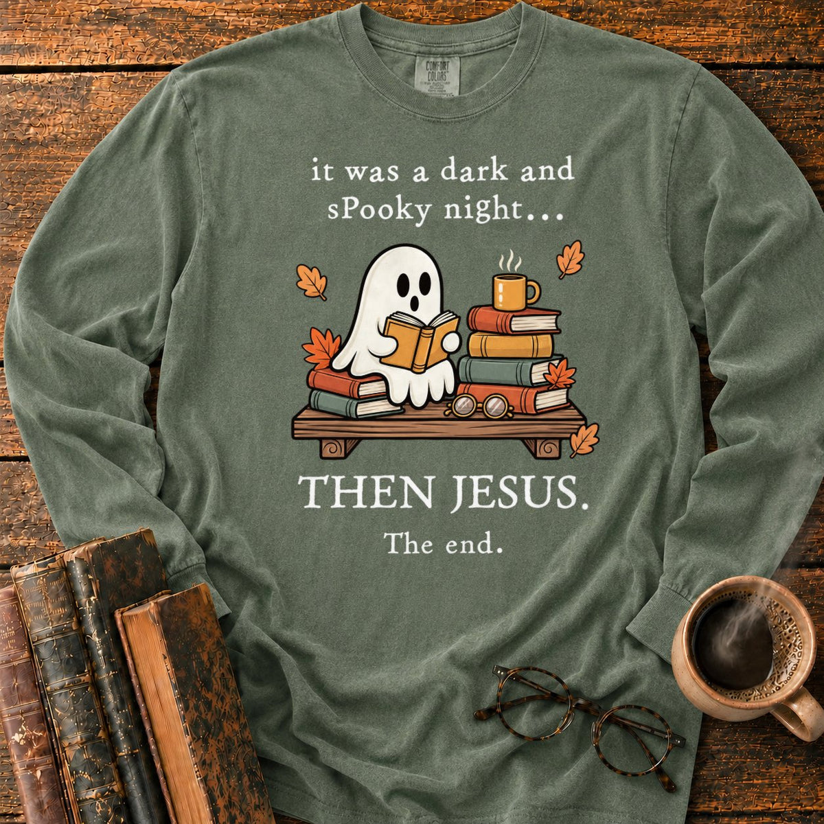 Spooky Ghost Reading On A Bookshelf LS T-Shirt in Hemp – BooksThreads