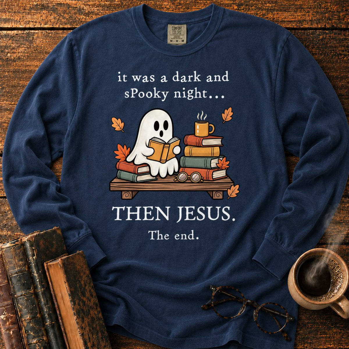 Spooky Ghost Reading On A Bookshelf LS T-Shirt in Midnight – BooksThreads
