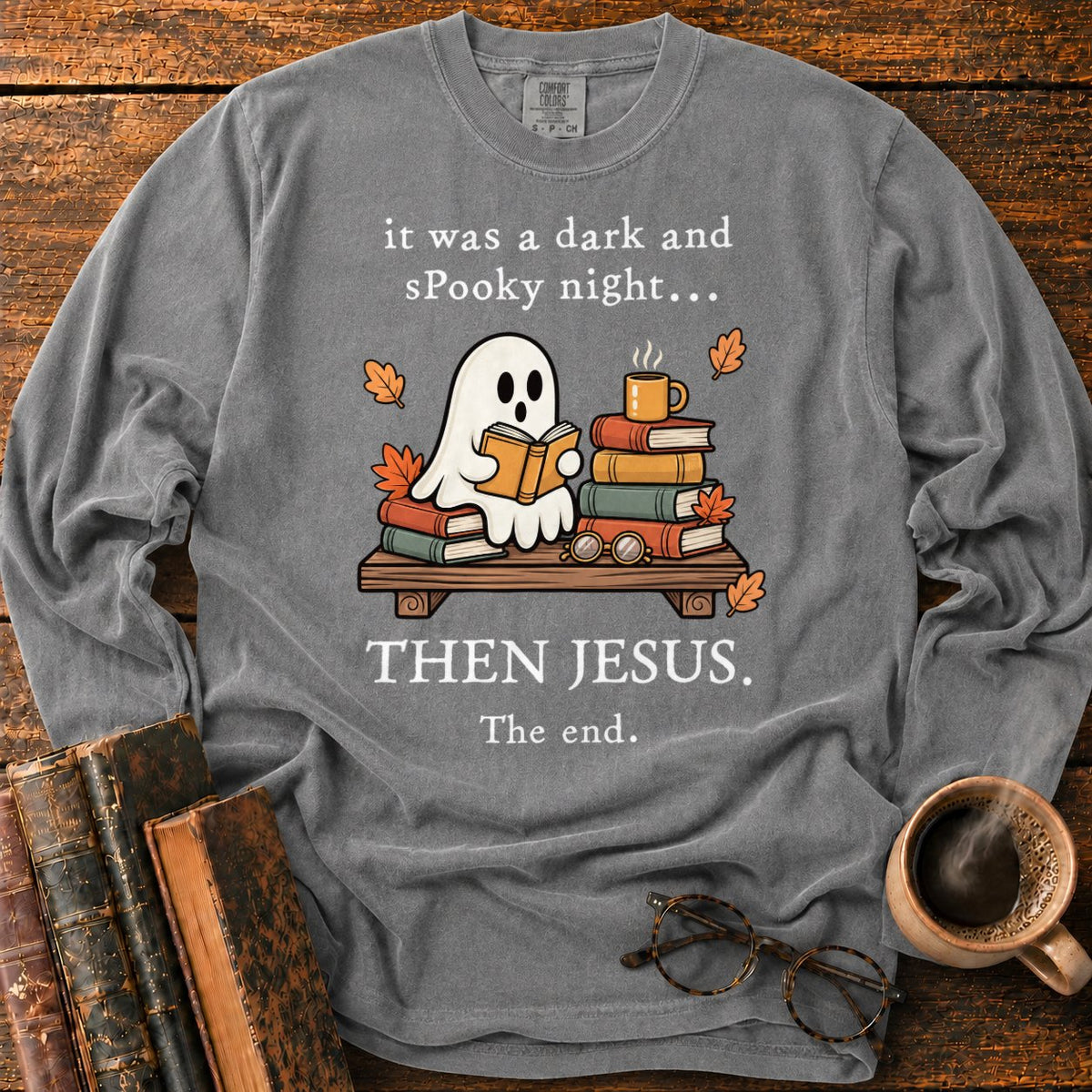 Spooky Ghost Reading On A Bookshelf LS T-Shirt in Pepper – BooksThreads