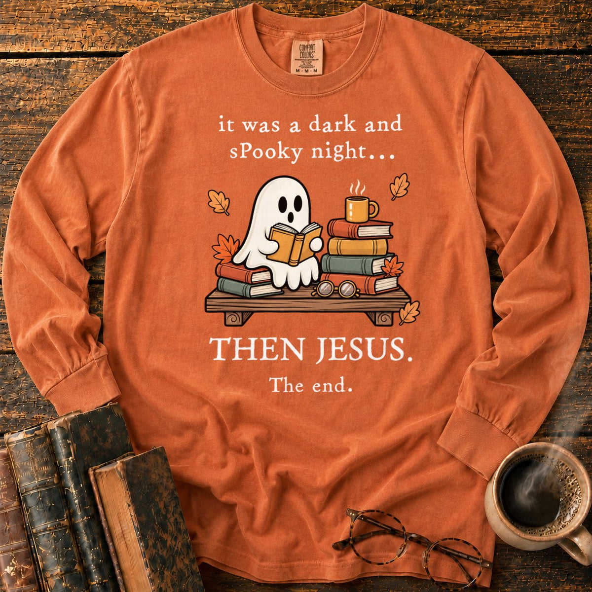 Spooky Ghost Reading On A Bookshelf LS T-Shirt in Yam – BooksThreads