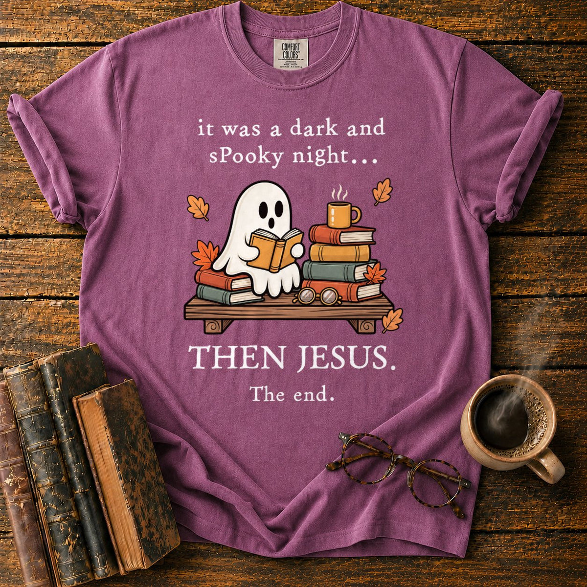 Spooky Ghost Reading On A Bookshelf T-Shirt in Berry – BooksThreads