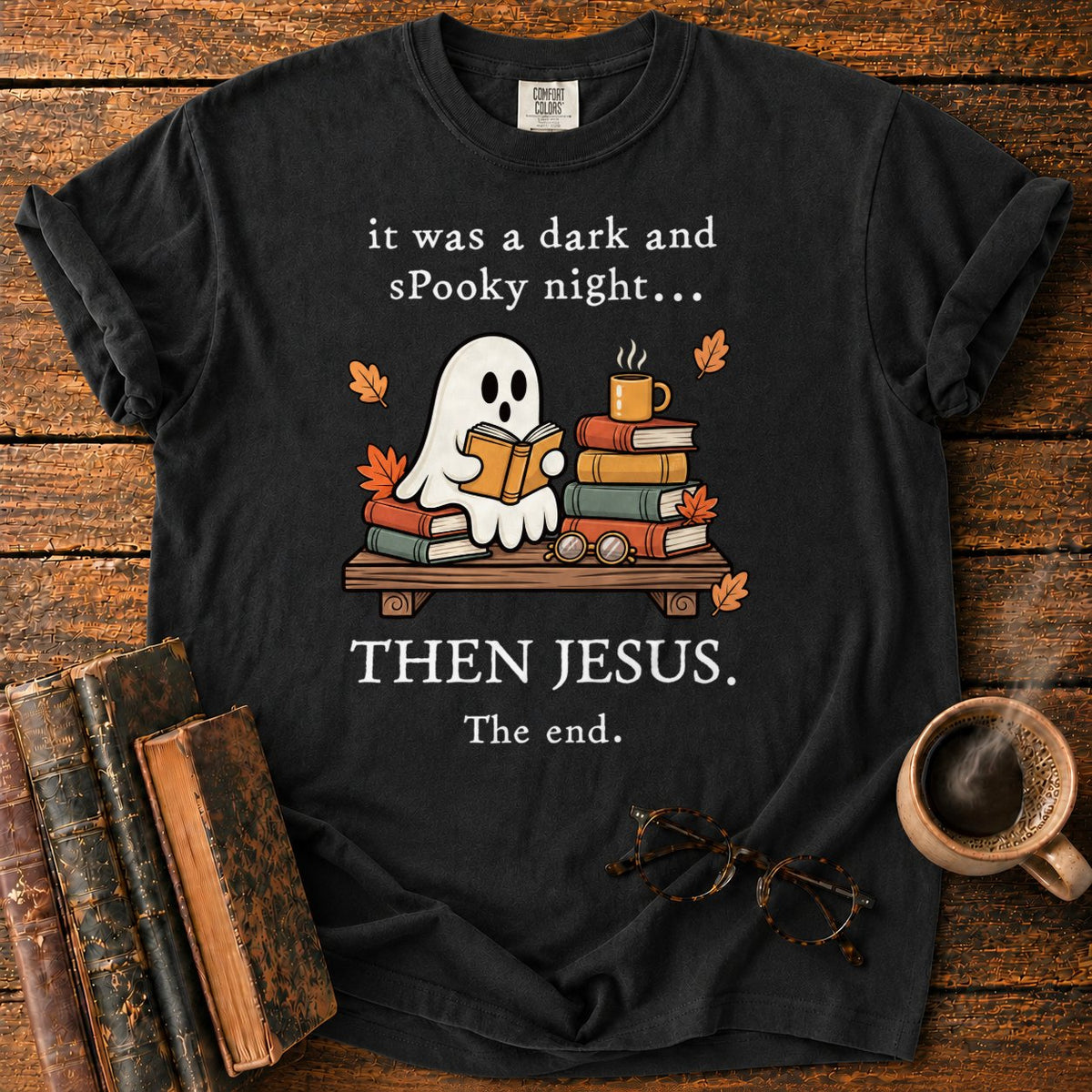 Spooky Ghost Reading On A Bookshelf T-Shirt in Black – BooksThreads