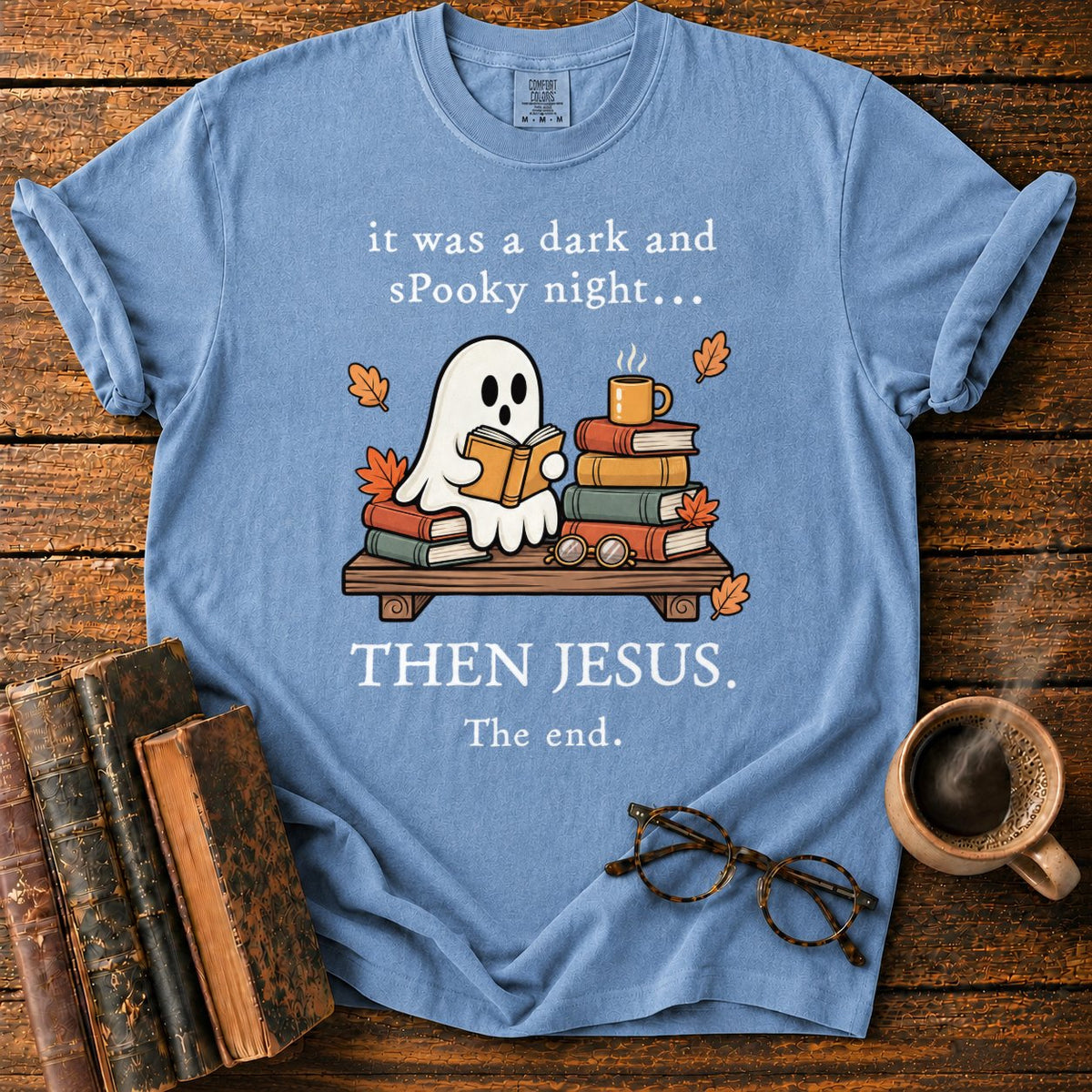 Spooky Ghost Reading On A Bookshelf T-Shirt in Blue Jean – BooksThreads