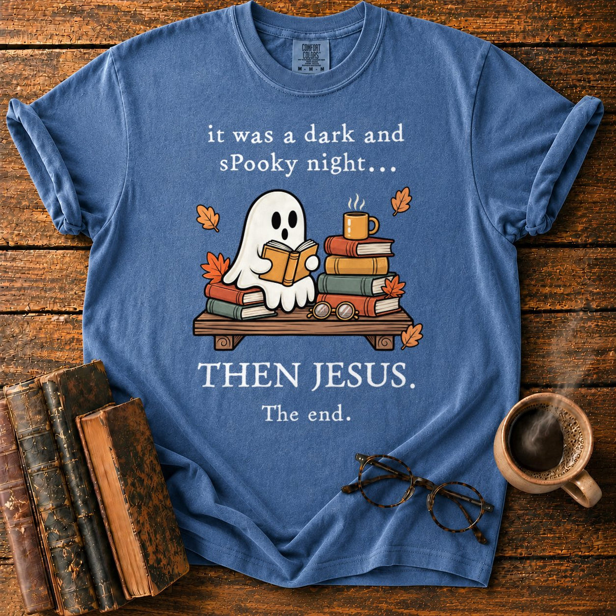 Spooky Ghost Reading On A Bookshelf T-Shirt in Denim – BooksThreads
