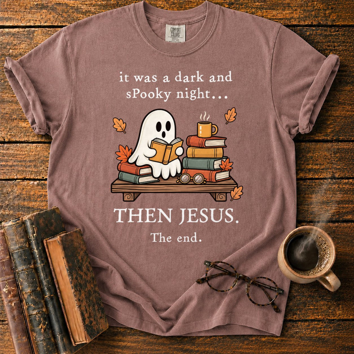 Spooky Ghost Reading On A Bookshelf T-Shirt in Espresso – BooksThreads