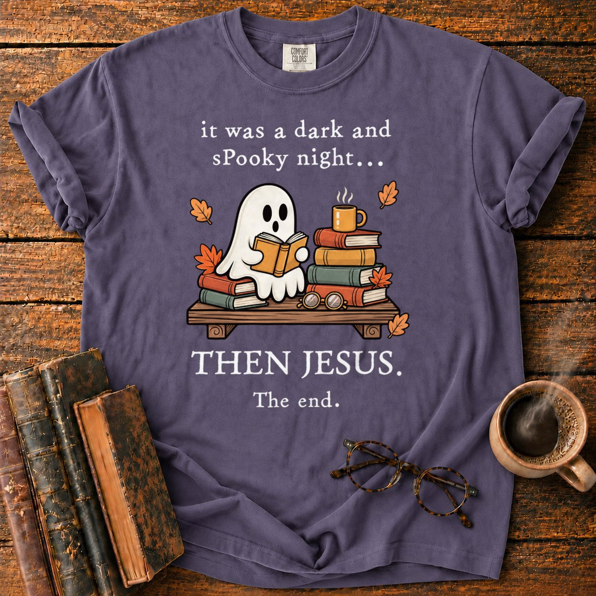 Spooky Ghost Reading On A Bookshelf T-Shirt in Grape – BooksThreads